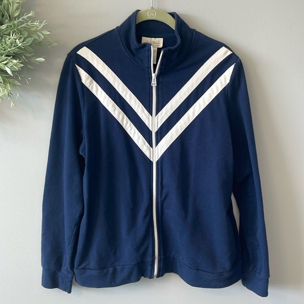 🍂 3/$20 EUC Studio Works Navy and White Full Zip Track Jacket Size Large Petite